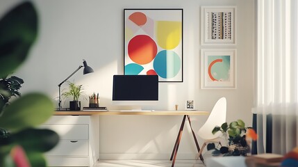 Modern workspace with colorful art