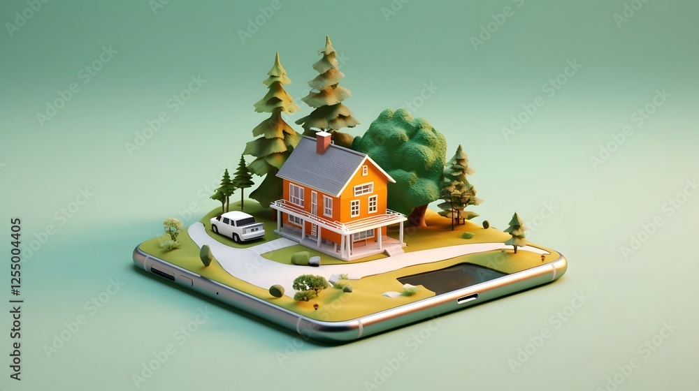 Poster innovative and minimalist mobile home buying app advertisement concept featuring a sleek modern digi