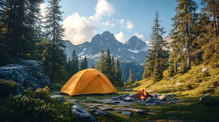 Peaceful Mountain Campsite with Tent Campfire and Clear Sky Overhead   Tranquil Scene of Wilderness Adventure and Outdoor