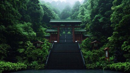 Obraz premium Japanese Shrine Steps In Lush Green Forest During Rain