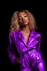 Fashion Portrait of a Stylish Woman in Purple Satin Outfit on Black Background, Glamorous Modern Look with Blonde Wavy Hair, Elegance and Confidence