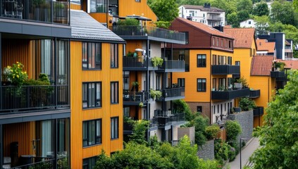 Modern Architecture in a Hillside Setting: Vibrant Yellow Buildings and Lush Greenery