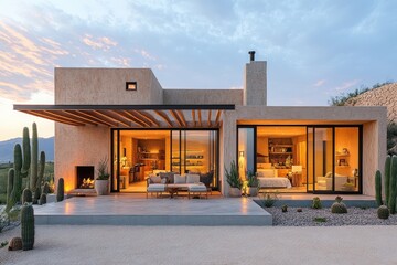 Modern desert home showing open floor plan with cacti and sunset view