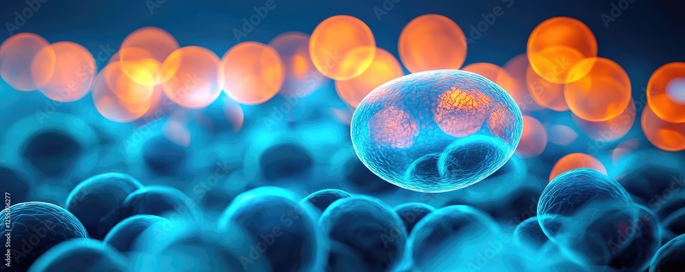 Poster microscopic ocean life idea. microscopic view of cells with vibrant colors and intricate structures 