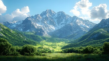 Obraz premium Breathtaking panoramic view of a majestic mountain range with towering snow capped peaks reaching up towards a clear blue sky