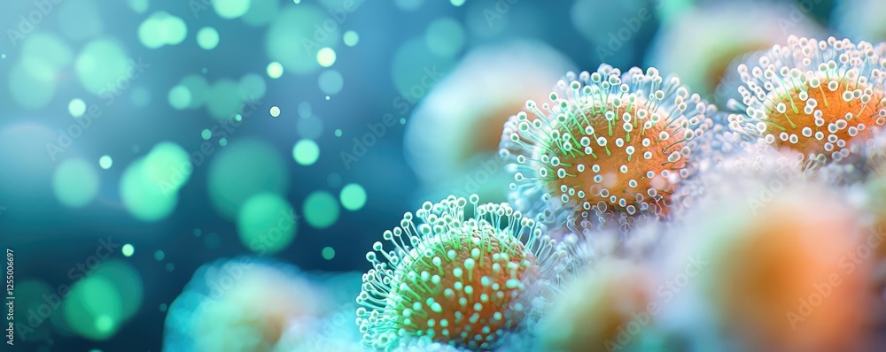Poster microscopic ocean life idea. close-up view of colorful microorganisms with shimmering light effects 