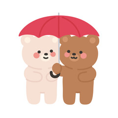 Korean Couple Bears Cartoon Holding a Red Umbrella Together