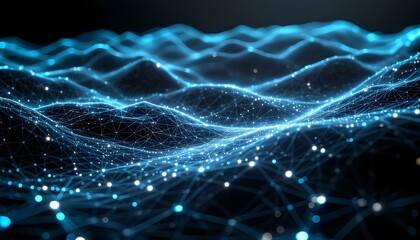 Futuristic network connections, glowing blue geometric lines, abstract digital landscape