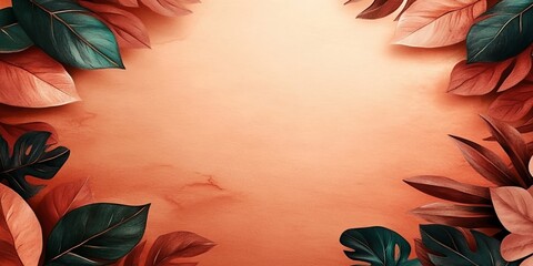 Border Of Dark Teal Leaves On Pale Rusty Rose Background, Abstract Design, Digital Illustration