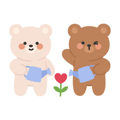 Korean Couple Bears Cartoon Watering a Heart-Shaped Tulip Together