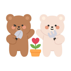 Korean Couple Bears Cartoon Gardening with Heart-Shaped Flower in a Pot