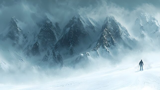 Skier gracefully gliding down a snowflex slope with snow dust rising in the cold air and snow covered mountains forming a picturesque backdrop