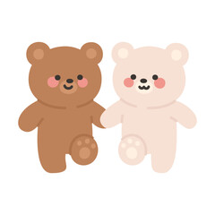 Front View of Korean Couple Bears Cartoon Smiling and Holding Hands While Walking
