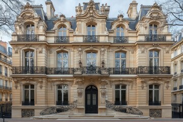 Fototapeta premium Elegant parisian building with ornate gate and balconies displaying french architecture
