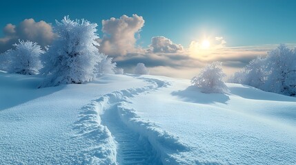 Breathtaking winter landscape with a tranquil snowflex slope clear blue sky and an untouched snow track offering ample space for design or text overlay against a serene minimalist backdrop
