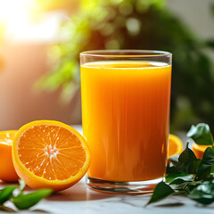 Fototapeta premium Bright orange juice in a clear glass next to fresh oranges on a table with green plants in the background