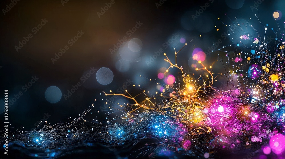Poster Abstract art in close-up dynamic light points illuminate dark backdrop in vibrant digital creation