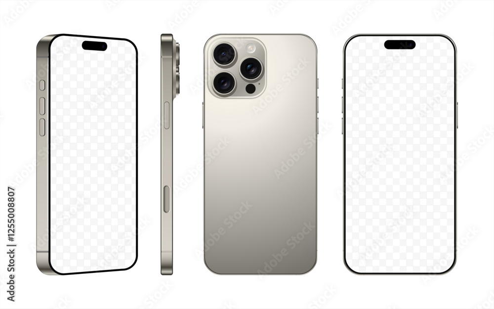 Poster new frameless smartphone natural titanium color with black screen, front back and side view, isolate