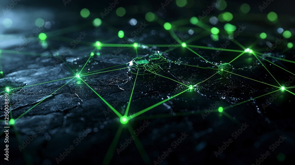 Poster Glowing neon green grid structure intersecting lines digital space graphic design abstract environment close-up viewpoint