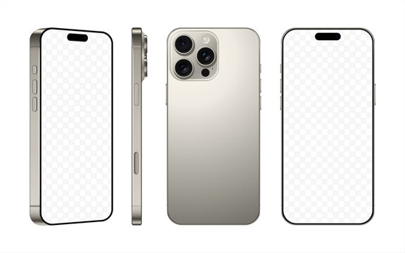 new frameless smartphone natural titanium color with black screen, front back and side view, isolated on white background. mockup of realistic mobile phone with shadow. 3d vector illustration, 10 eps.