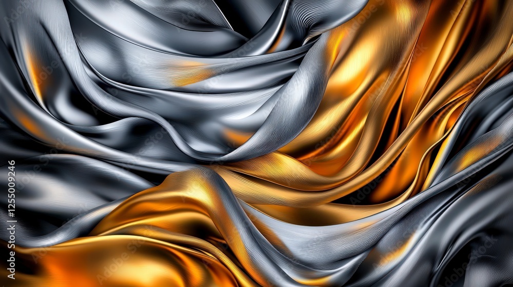 Poster flowing textures of reflective metallic sheen in silver and gold abstract art dynamic composition st