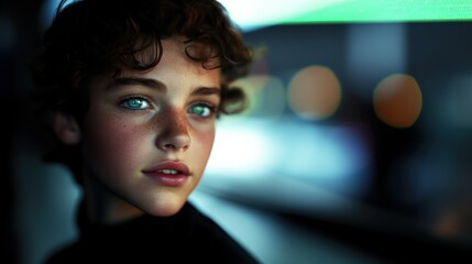 Portrait of a young individual against a colorful bokeh background evoking curiosity.