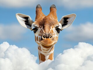 Giraffe peeking through fluffy clouds.