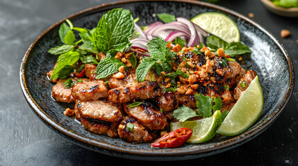 Fototapeta premium Classic Thai Nam Tok Moo Presentation with Fresh Herbs and Lime