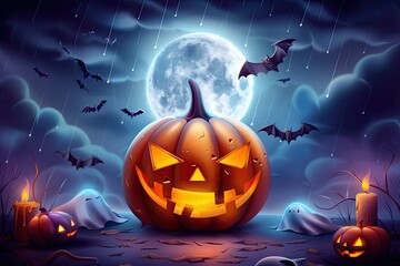 Halloween poster featuring a spooky glowing eyes, sitting on a pumpkin