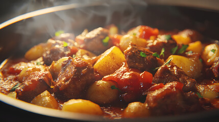 Bold and Slightly Tilted Shot of Thai Massaman Curry with Steam