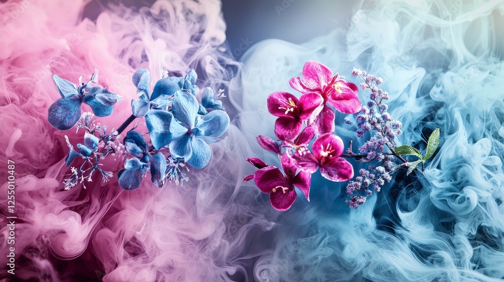 Poster soft hazy color dispersion of pink and blue flowers artistic display studio setting ethereal atmosph