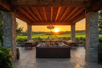 Obraz premium Outdoor terrace overlooking vineyard at sunset with dinner setting