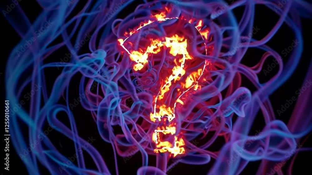 Aufkleber glowing fiery question mark pulsating with energy, surrounded by swirling blue and red smoke in a my