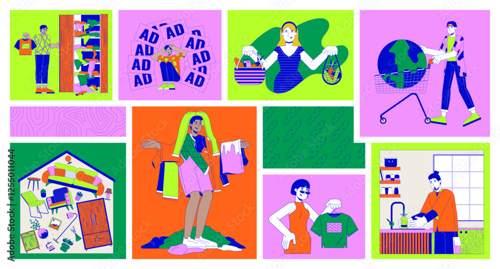 Poster overconsumption problem bento grid illustration set. using and buying goods 2d vector image collage 