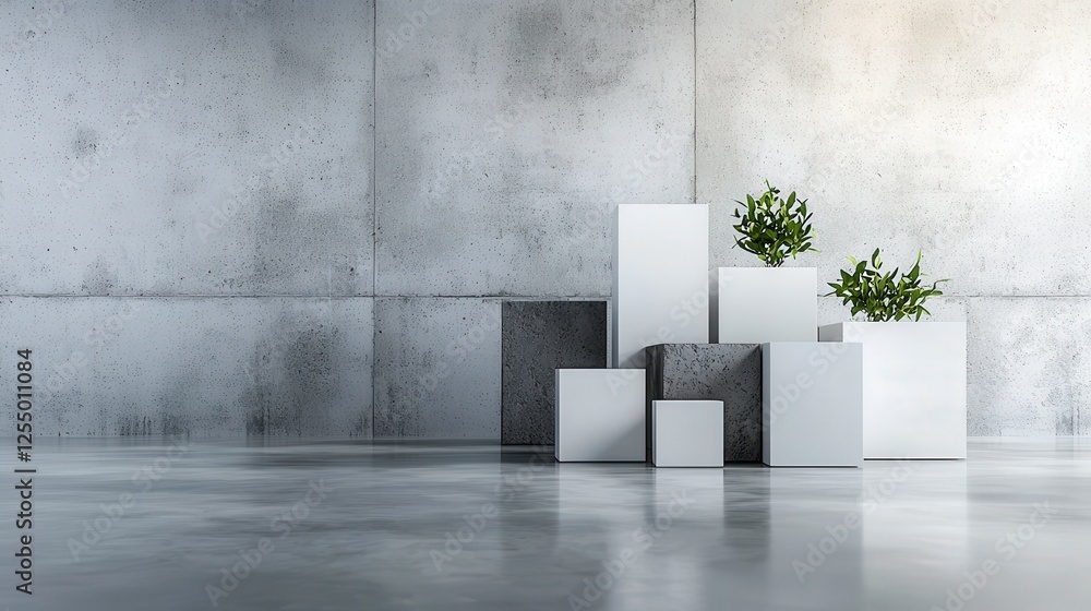 Poster modern minimalist display of solid rectangular blocks with green plants contemporary space interior 