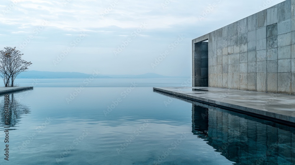 Aufkleber tranquil modern architecture serene lakefront reflection image minimalist environment wide-angle vie
