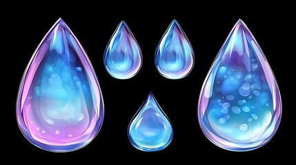 Collection of vibrant blue and purple water drops.