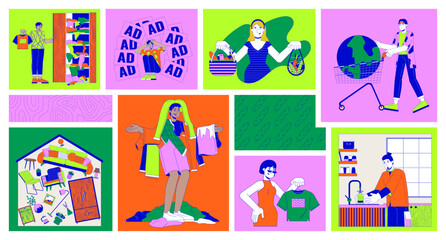 Overconsumption problem bento grid illustration set. Using and buying goods 2D vector image collage design graphics collection. People with excessive items flat characters moodboard layout