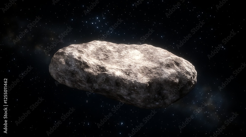 Poster gray asteroid drifting in starry space creating cosmic scene with galactic background and shimmering