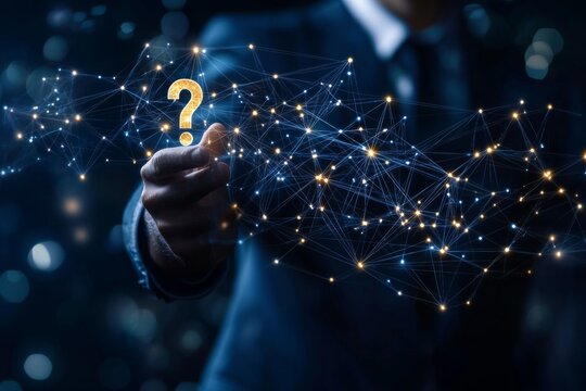 Businessman holding a question mark sign amidst network technology concepts on dark blue background