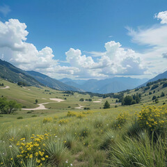 Fototapeta premium Vast green valley under bright blue sky filled with fluffy clouds, evoking sense of serenity and awe at expansive natural landscape
