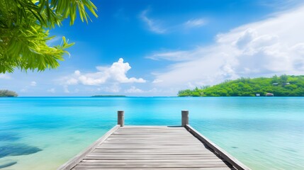 Fototapeta premium Serene Tropical Beach Scene Wooden Dock Extending to Turquoise Ocean under a Sunny Sky