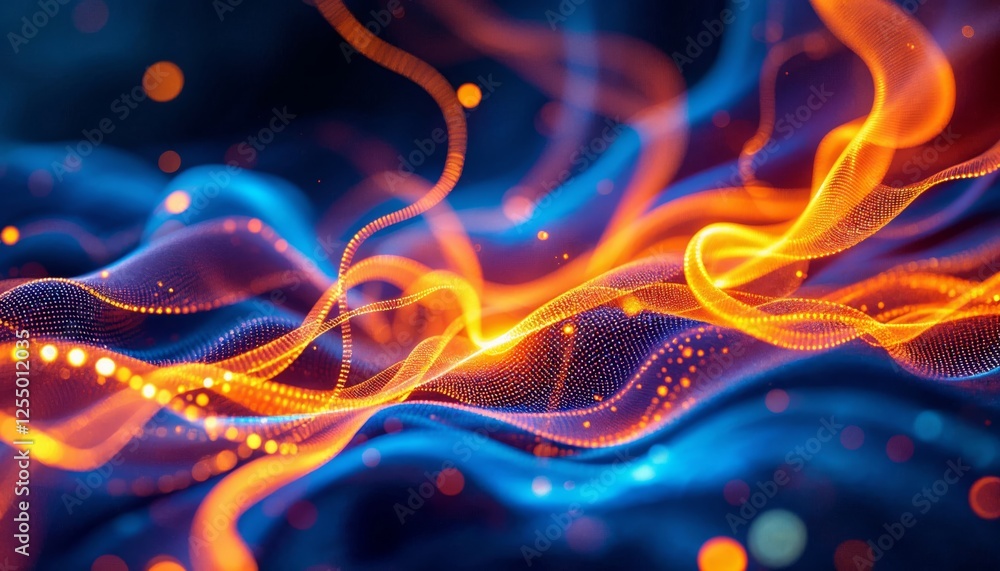 Poster abstract digital waveform, flowing data streams in azure and golden hues
