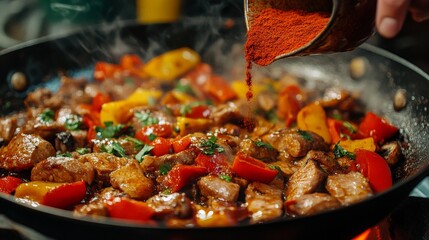 A vibrant skillet filled with sautéed meat and colorful vegetables being seasoned with spices.