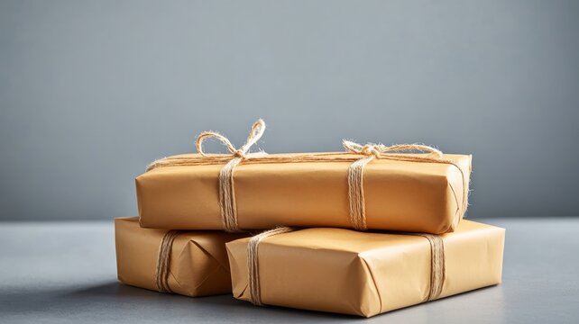 Simple brown paper packages tied with twine on a neutral background