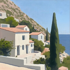 Obraz premium Mediterranean Coastal Village Painting