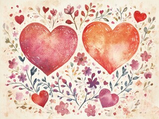 Watercolor Hearts with Floral Accents
