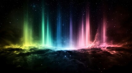 Vertical aurora light beams in vibrant colors over a mystical landscape night sky photography celestial view nature wonder