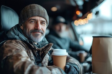 Smiling truck driver holding coffee cup inside cabin during winter break