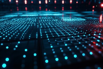 Futuristic data center abstract  illuminated grid and binary code in digital technology space